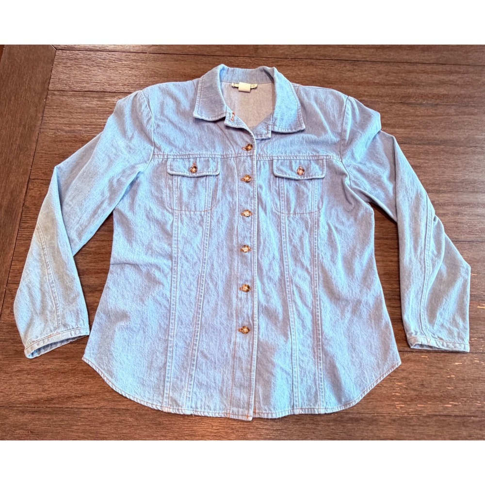 FL Malik Vintage 100% Cotton USA Women's Large Blue Denim Button‎ Down Shirt